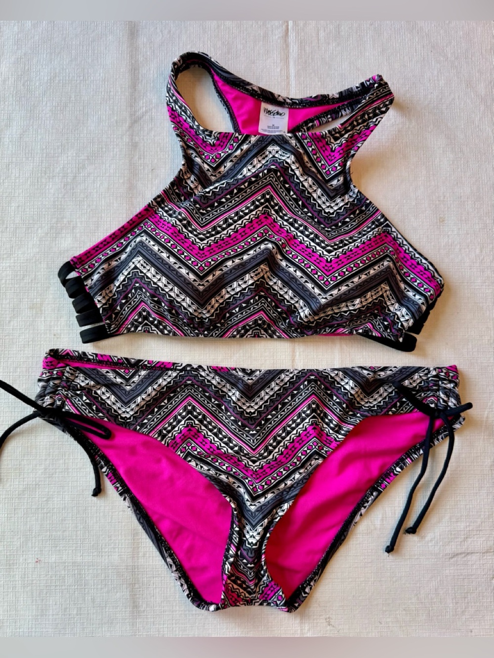 Mossimo High Neck Halter Bikini Set Strappy Sides Pink Black White Tribal Size M
